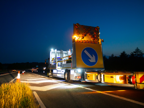 Traffic Management IPV With Crash Cushion on motorway night job with LP13 Arrow Board