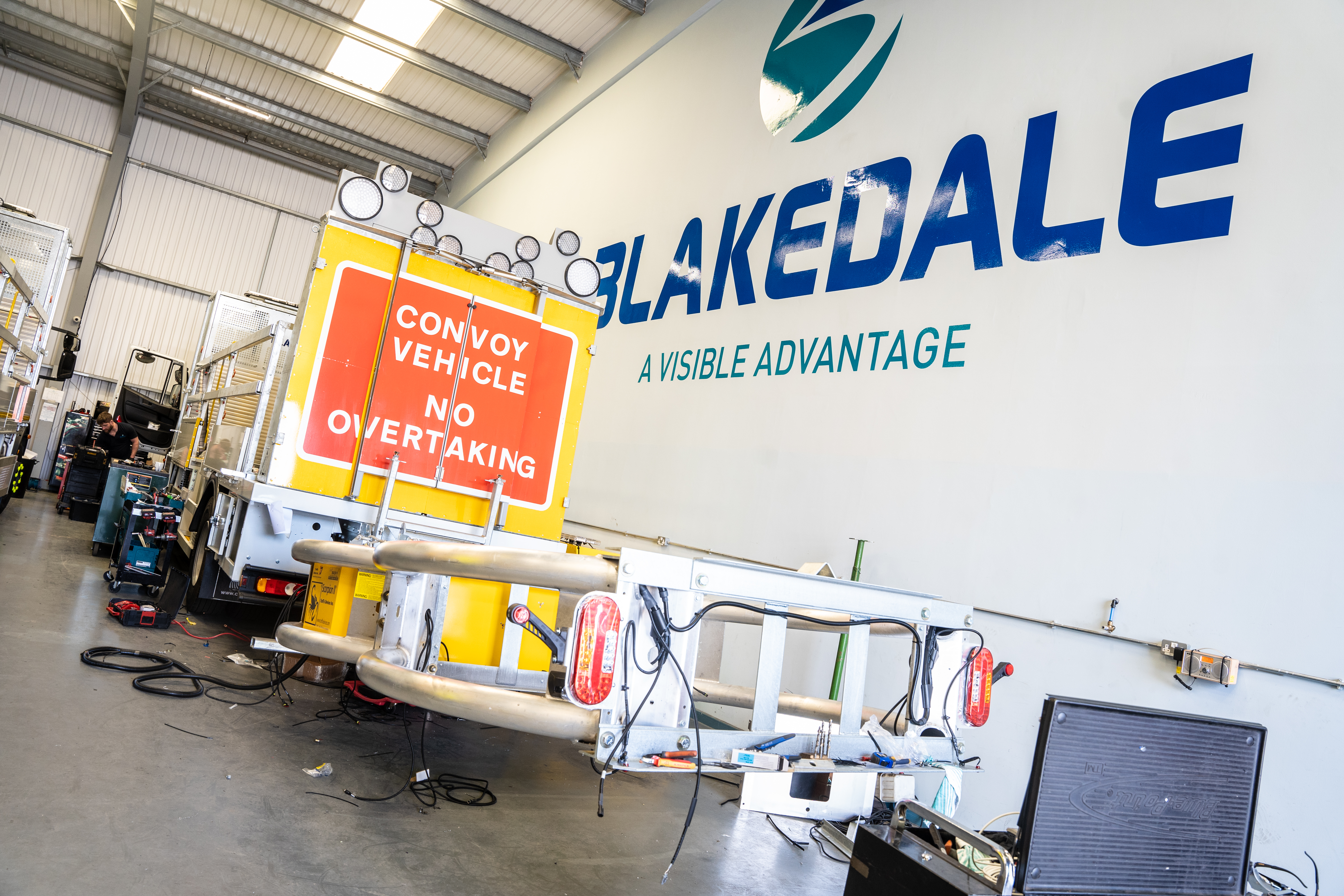 Impact protection vehicle being fitted with Scorpion II crash cushion